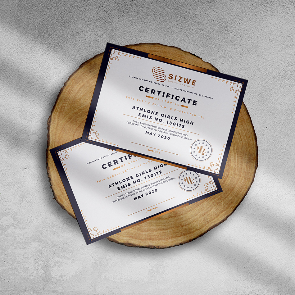 corporate custom certificate design corporate identity design johannesburg sizwe cs 01