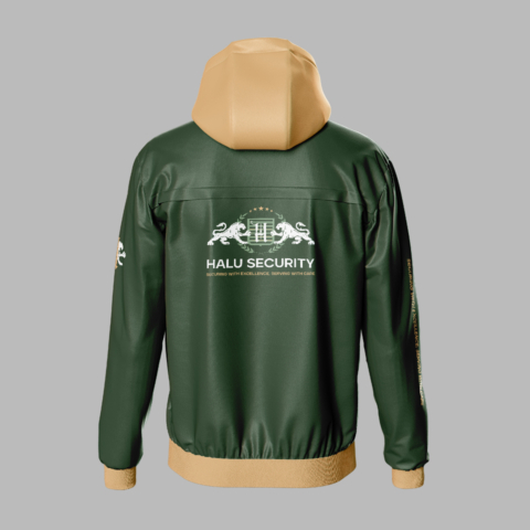 securityservice companyprofile branding design darkgreen jacket back in westerncape south africa